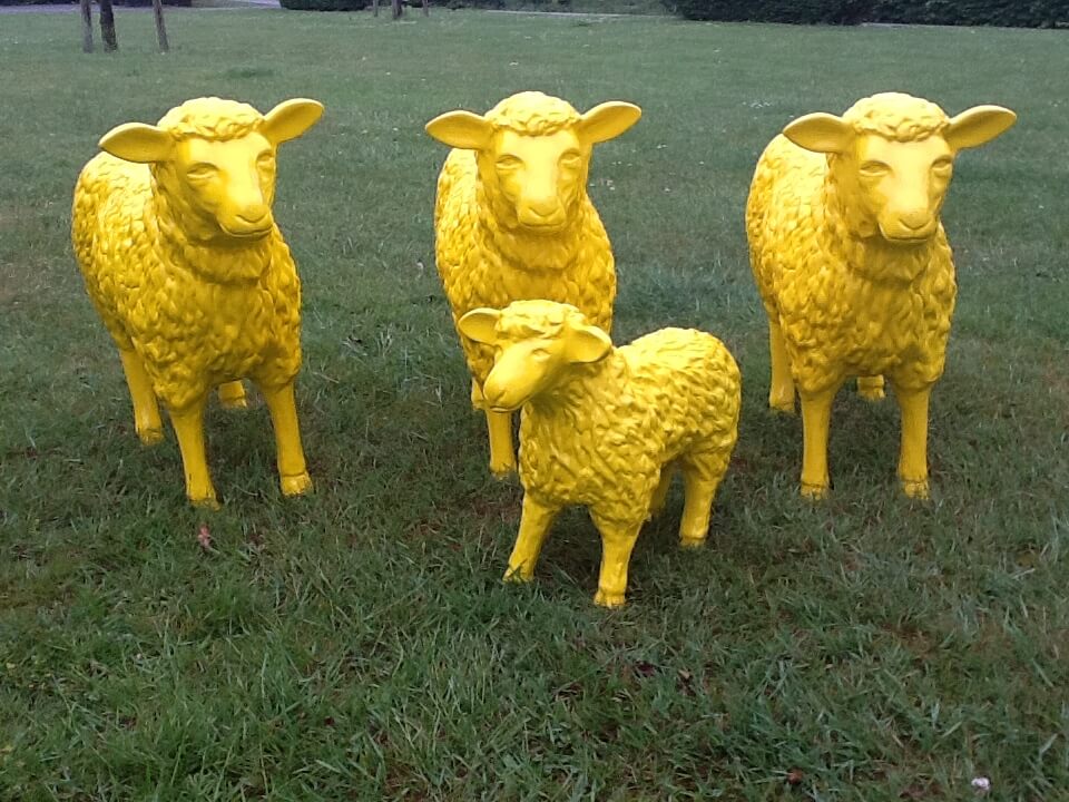 Drei Schafe und ein Lamm in gelb